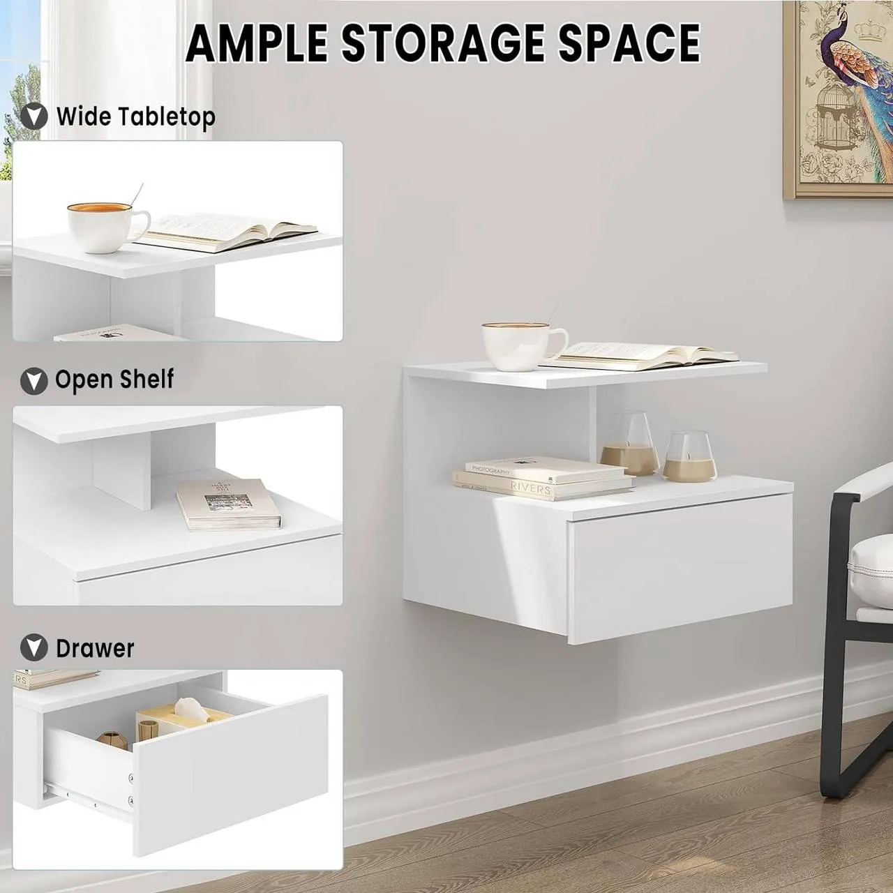 Rootz Wall-Mounted Bedside Table - Floating Nightstand - Scandinavian Side Table - E1 Wood Material - 40cm x 31cm x 35cm