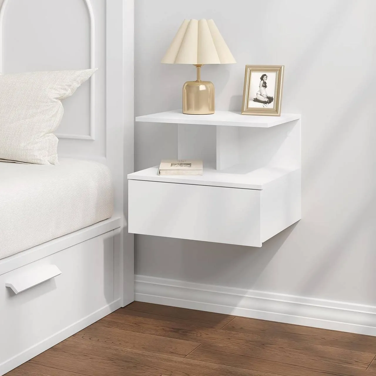 Rootz Wall-Mounted Bedside Table - Floating Nightstand - Scandinavian Side Table - E1 Wood Material - 40cm x 31cm x 35cm