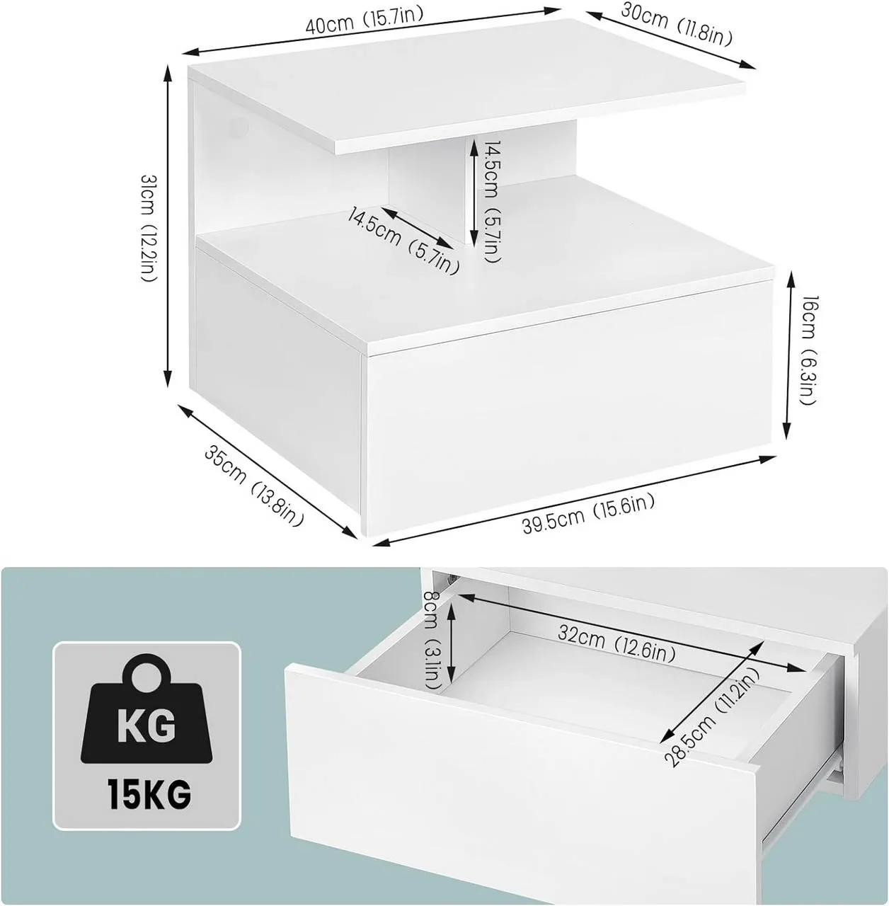 Rootz Wall-Mounted Bedside Table - Floating Nightstand - Scandinavian Side Table - E1 Wood Material - 40cm x 31cm x 35cm