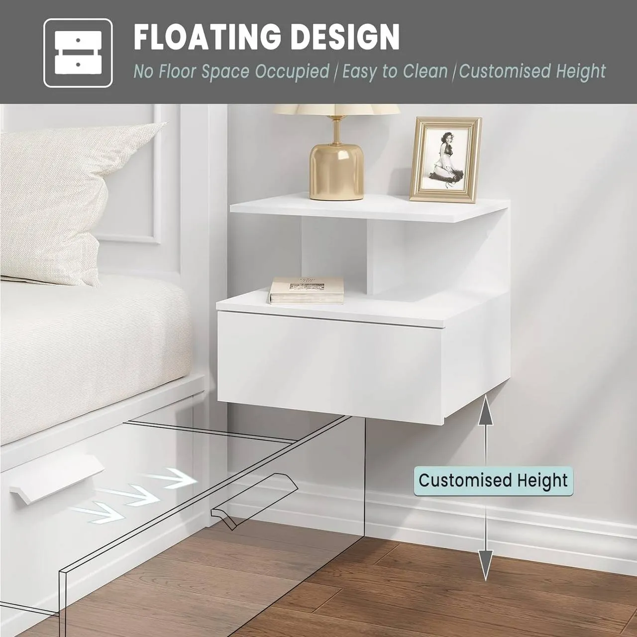 Rootz Wall-Mounted Bedside Table - Floating Nightstand - Scandinavian Side Table - E1 Wood Material - 40cm x 31cm x 35cm