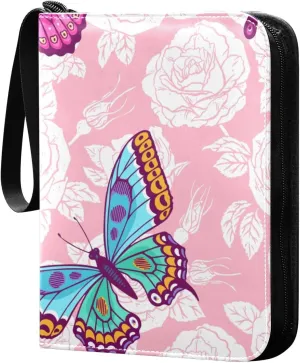 Roses-colorful-butterflies Pink Print Game Sports Cards Card Binders 4 Pocket - Hold 400 Game Cards, Waterproof Wear-resistant Trading Card Albums Collection Book Holder for Boys Girls