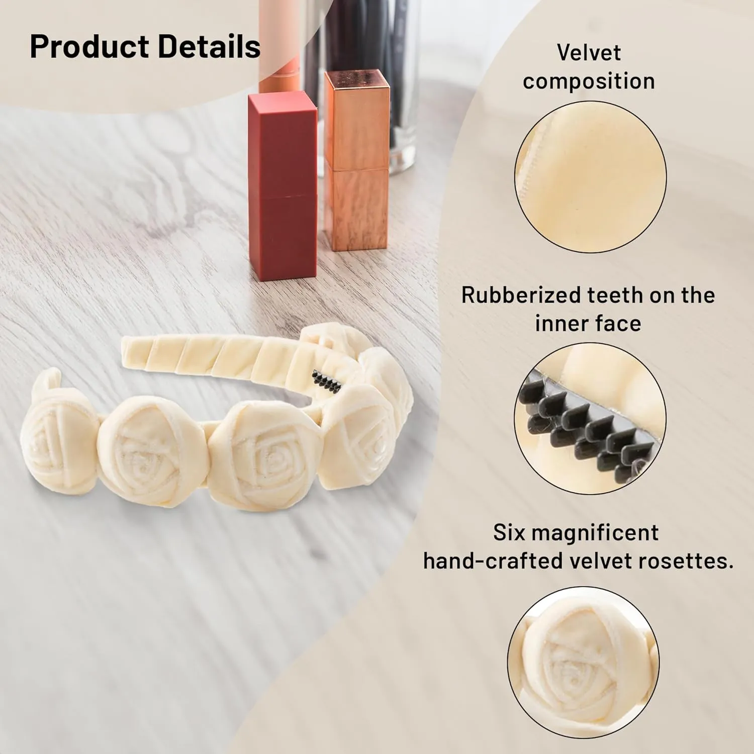 Rosette Velvet Headband - Cream | Elegant Soft Velvet Accessory with Hand-Crafted Rosettes | Comfortable & Secure Fit with Rubberized Teeth | Perfect for Special Occasions & Everyday Wear