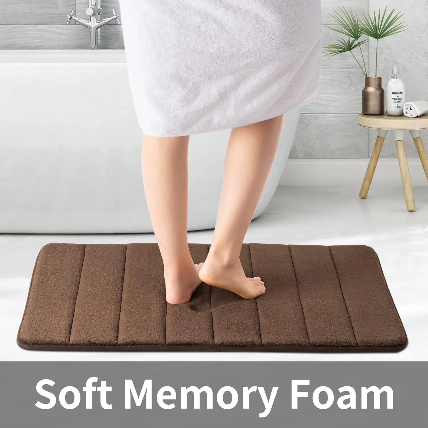 ROSMARUS Memory Foam Bath Mat - 20' x 32', Water Absorbent Shower Mat, Thick Bath Rugs with PVC Backing, Ultra Soft Bathroom Rugs for Floor & Tub, Brown