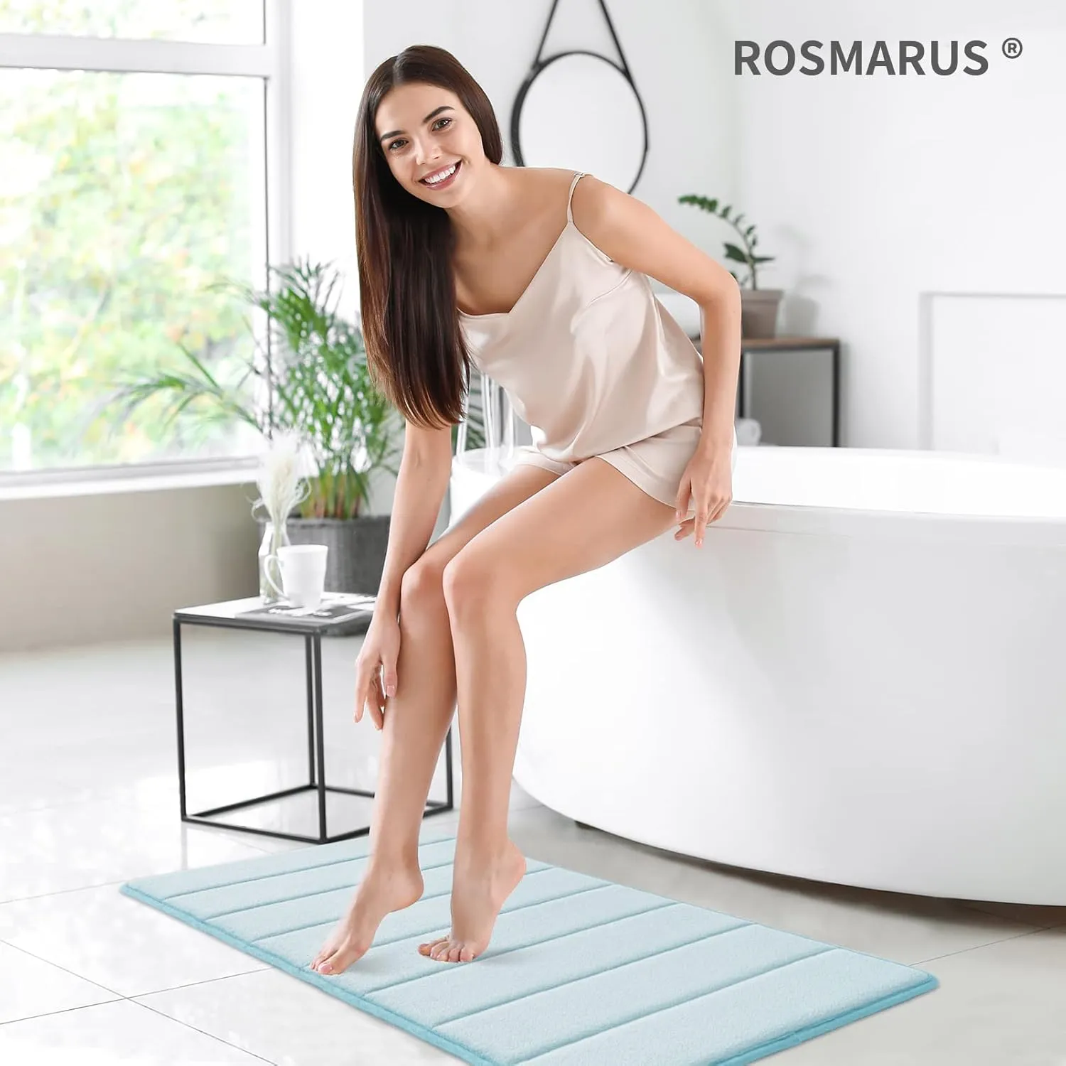 ROSMARUS Memory Foam Bath Mat - 20' x 32', Water Absorbent Shower Mat, Thick Non Slip Bath Rugs with PVC Backing, Ultra Soft for Bathroom Floor & Tub, Aqua Blue