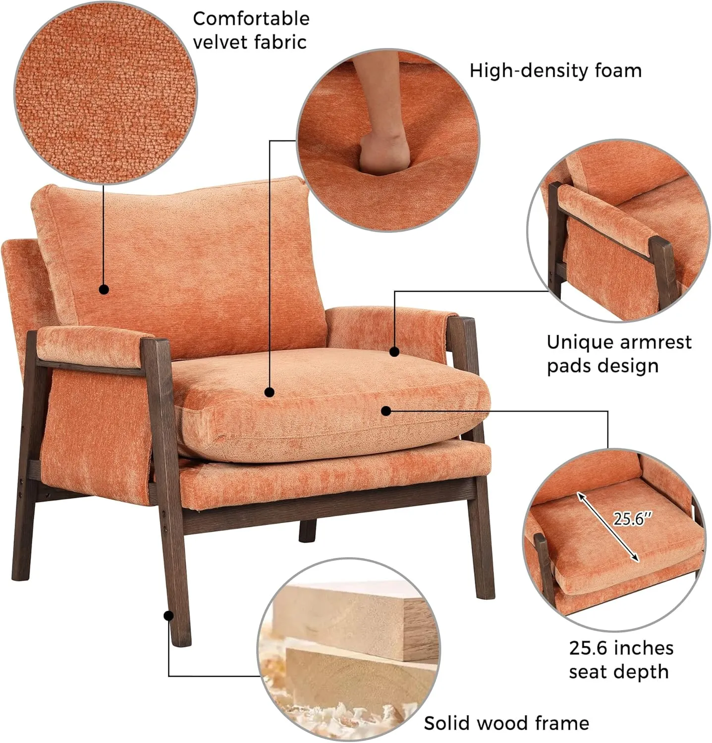 Roundhill Furniture Kelly Velvet Accent Armchair, Orange