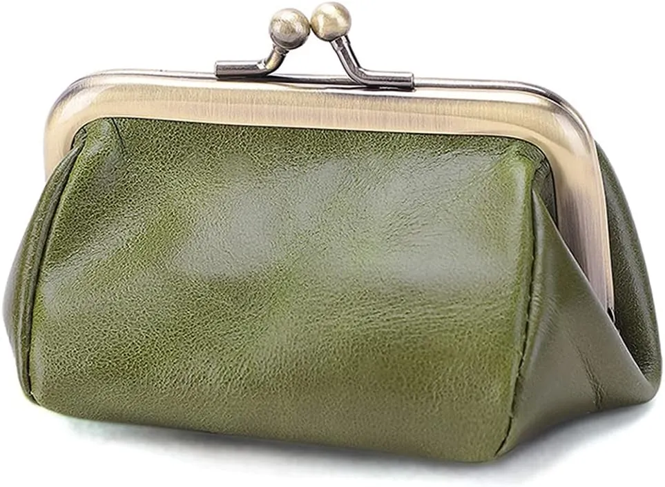 ROUROU Genuine Leather Clutch Bag for Women Kiss Lock Wallet Retro Coin Purse Coin Organizer Cute Purse