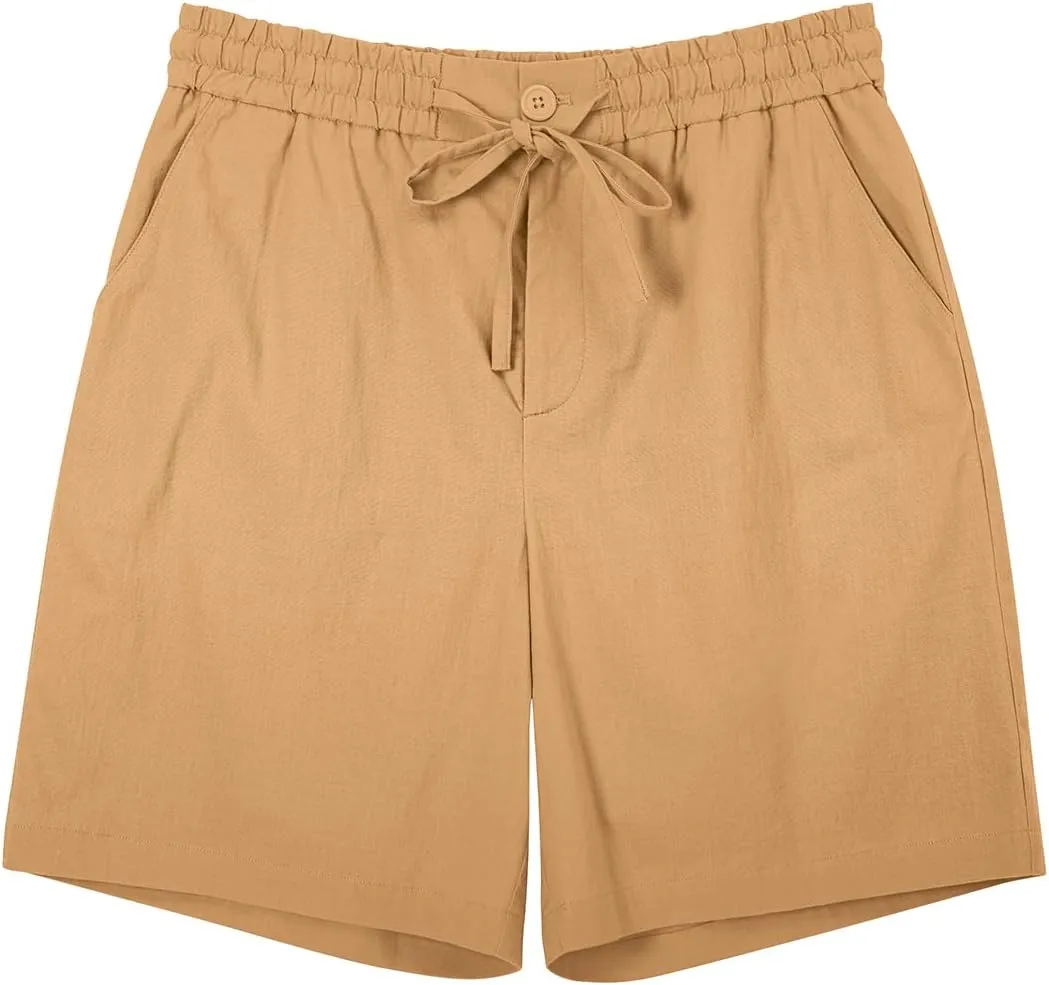 RQP Mens Cotton Linen Shorts Casual Drawstring 7inch Inseam Shorts Stretch Summer Beach Wear