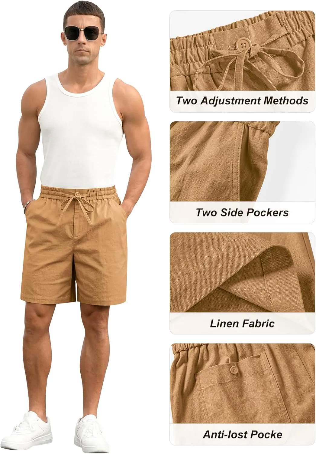 RQP Mens Cotton Linen Shorts Casual Drawstring 7inch Inseam Shorts Stretch Summer Beach Wear