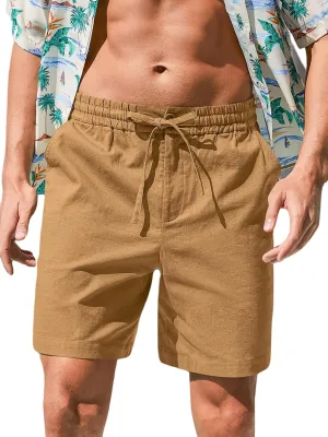 RQP Mens Cotton Linen Shorts Casual Drawstring 7inch Inseam Shorts Stretch Summer Beach Wear