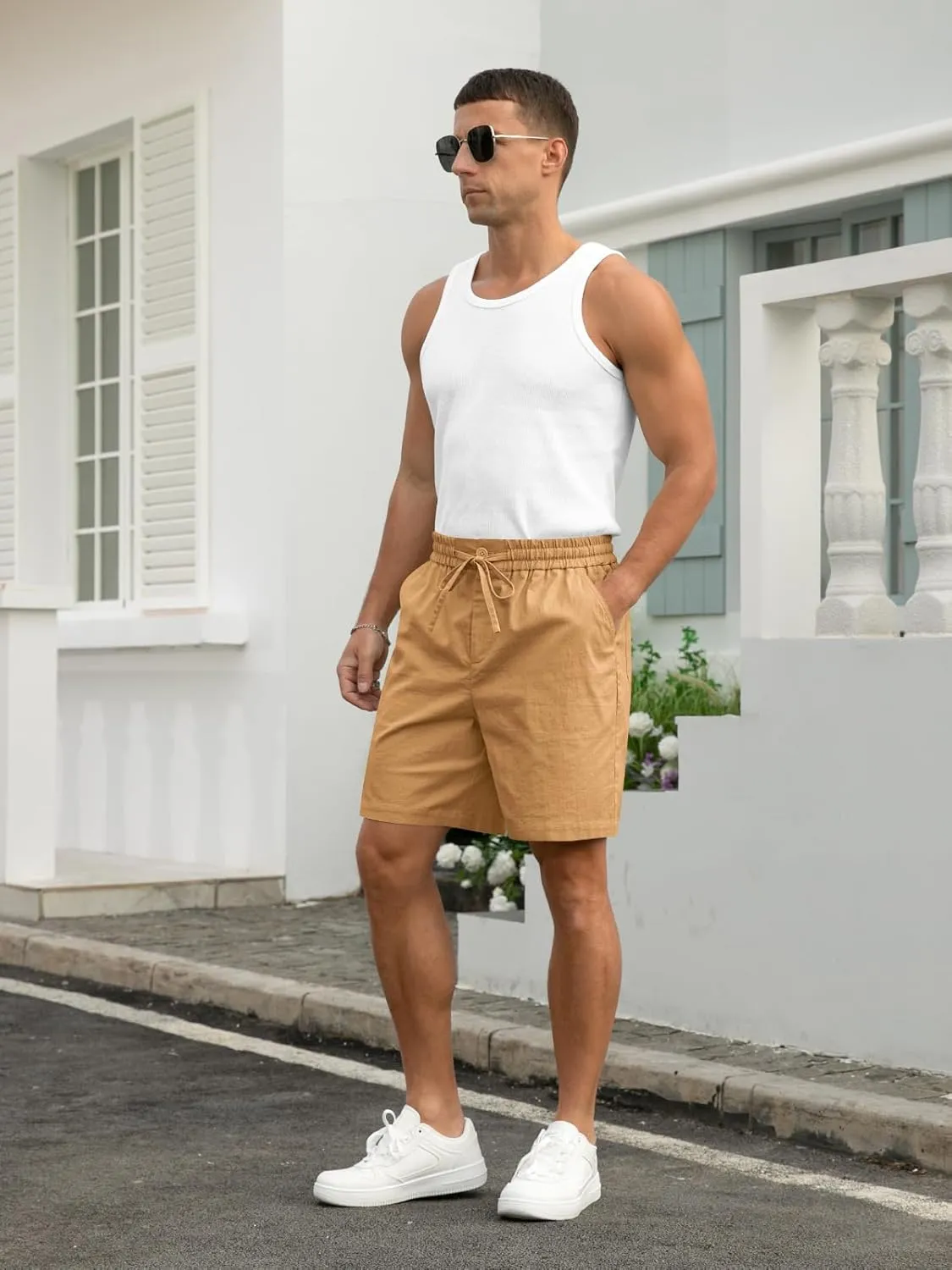 RQP Mens Cotton Linen Shorts Casual Drawstring 7inch Inseam Shorts Stretch Summer Beach Wear