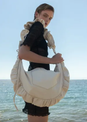 Ruffle Denim Crossbody Bag - Cream