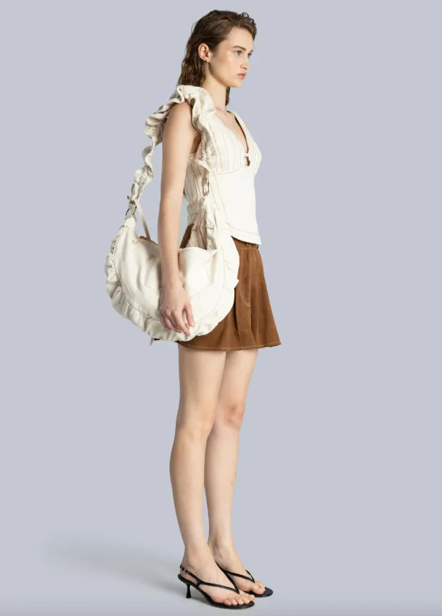Ruffle Denim Crossbody Bag - Cream