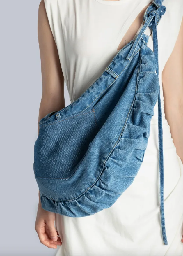 Ruffle Denim Crossbody Bag - Light Wash