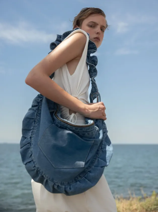 Ruffle Denim Crossbody Bag - Light Wash