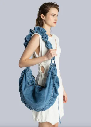 Ruffle Denim Crossbody Bag - Light Wash