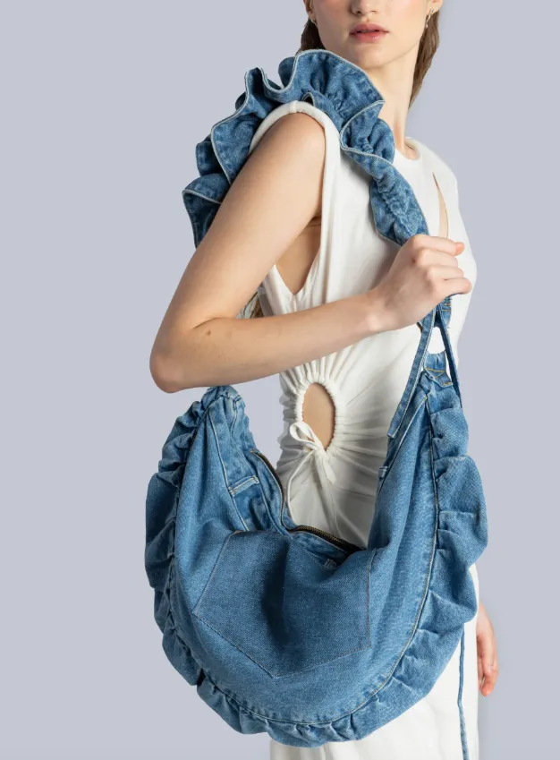 Ruffle Denim Crossbody Bag - Light Wash