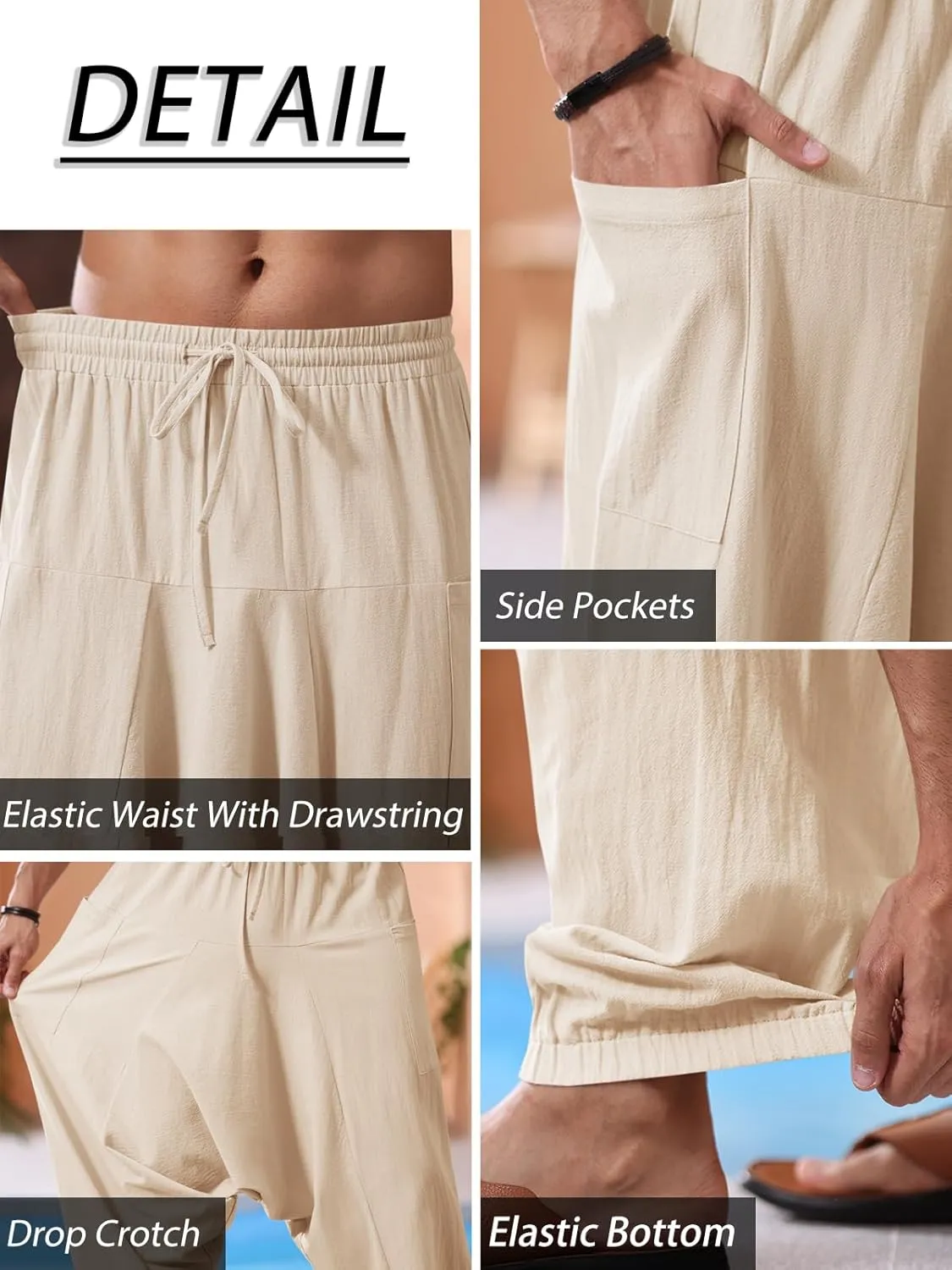 Runcati Mens Harem Pants Baggy Hippie Casual Cotton Linen Loose Boho Yoga Beach Drop Crotch Trouser
