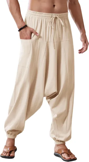 Runcati Mens Harem Pants Baggy Hippie Casual Cotton Linen Loose Boho Yoga Beach Drop Crotch Trouser