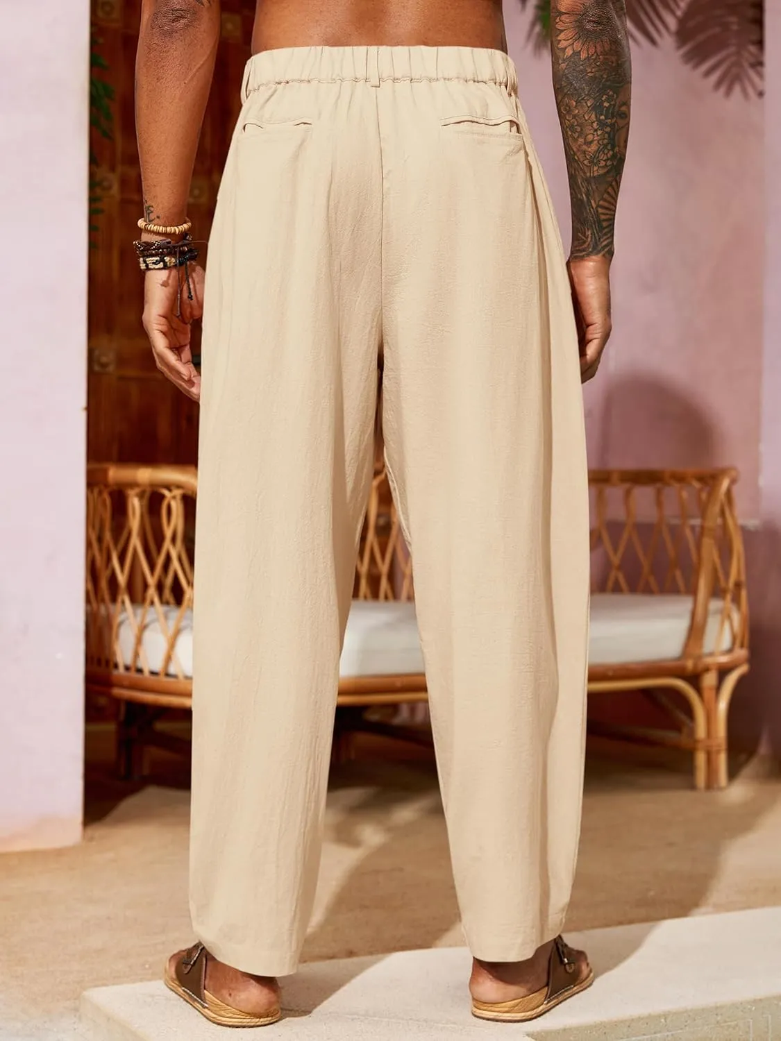 Runcati Mens Linen Baggy Pants Pleated Casual Harem Pants Beach Hippie Summer Trousers