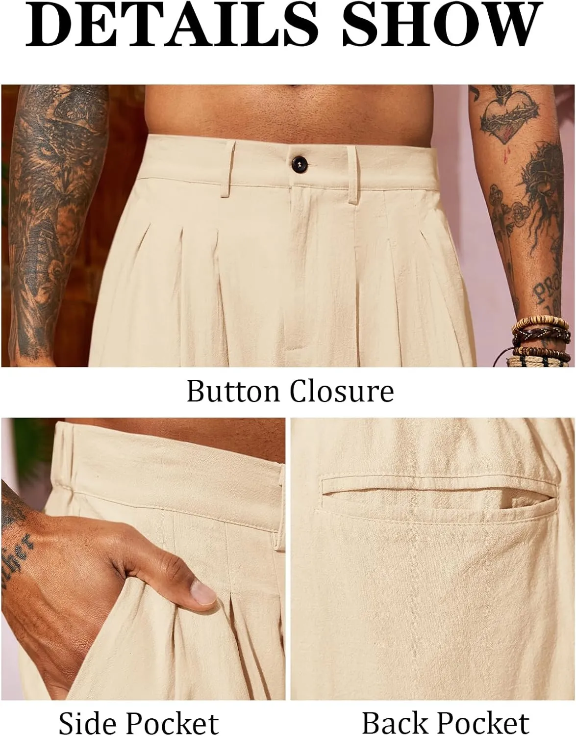 Runcati Mens Linen Baggy Pants Pleated Casual Harem Pants Beach Hippie Summer Trousers