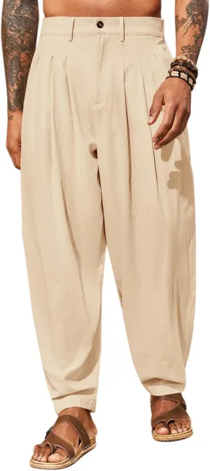 Runcati Mens Linen Baggy Pants Pleated Casual Harem Pants Beach Hippie Summer Trousers