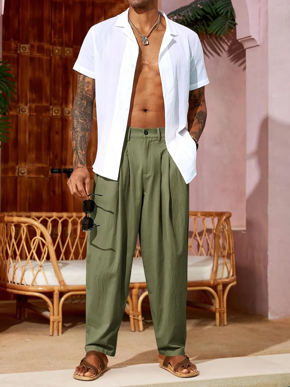 Runcati Mens Linen Baggy Pants Pleated Casual Harem Pants Beach Hippie Summer Trousers