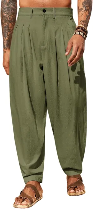 Runcati Mens Linen Baggy Pants Pleated Casual Harem Pants Beach Hippie Summer Trousers