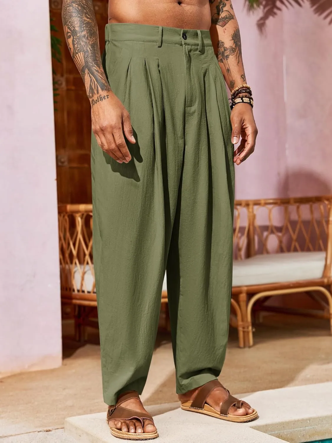 Runcati Mens Linen Baggy Pants Pleated Casual Harem Pants Beach Hippie Summer Trousers