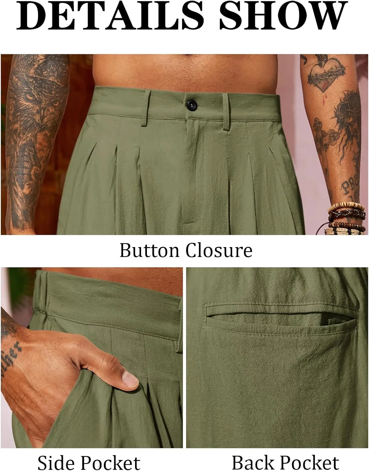 Runcati Mens Linen Baggy Pants Pleated Casual Harem Pants Beach Hippie Summer Trousers