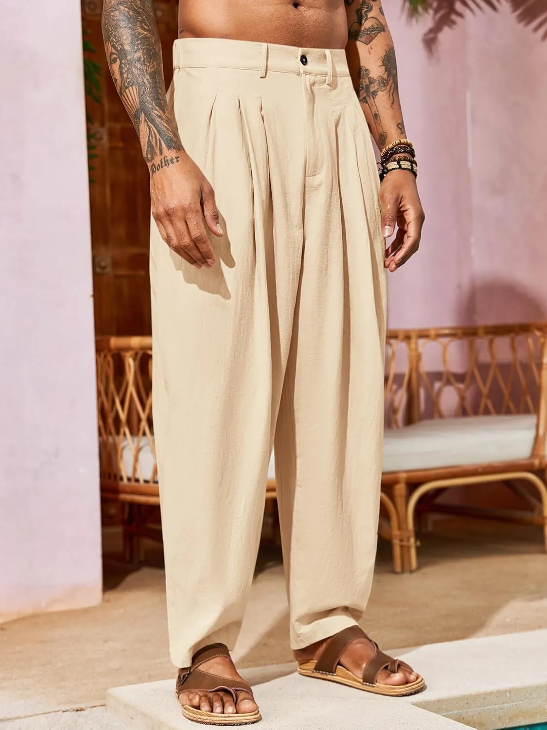 Runcati Mens Linen Baggy Pants Pleated Casual Harem Pants Beach Hippie Summer Trousers