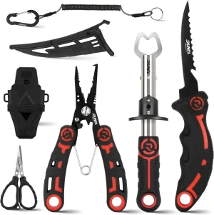 RUNCL 4pc Fishing Tool Kit- Fishing Pliers, Fish Fillet Knife with Sharpener, Fish Lip Gripper, Fishing Braid Scissors, Saltwater Fishing Gear and Equipment with Sheath/Lanyard, Fishing Gifts for Men
