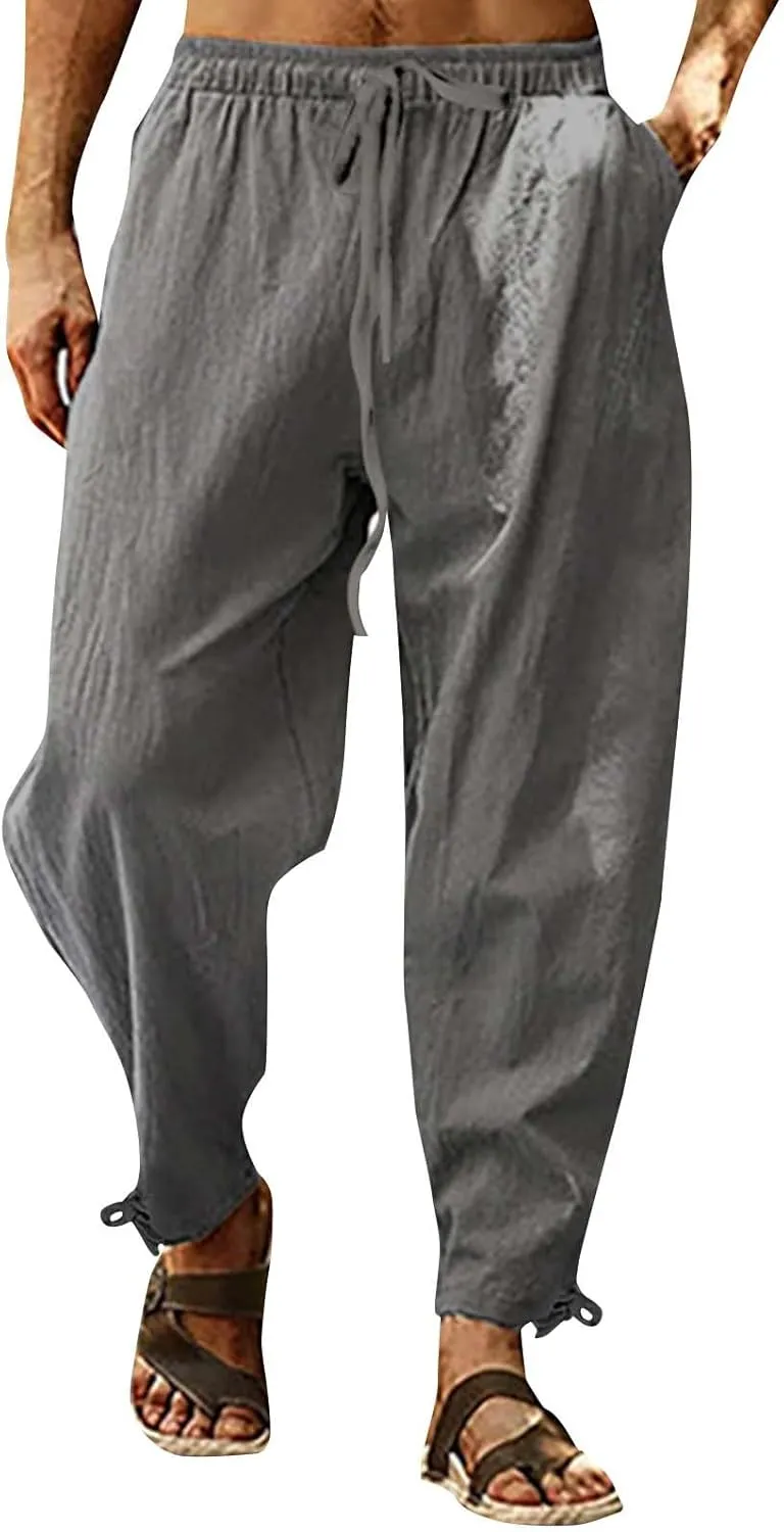 Running Pants for Men Cotton Linen Big and Tall Workout Pleated Relaxed Fit Loose Trousers Outdoor Hiking Gym Pants