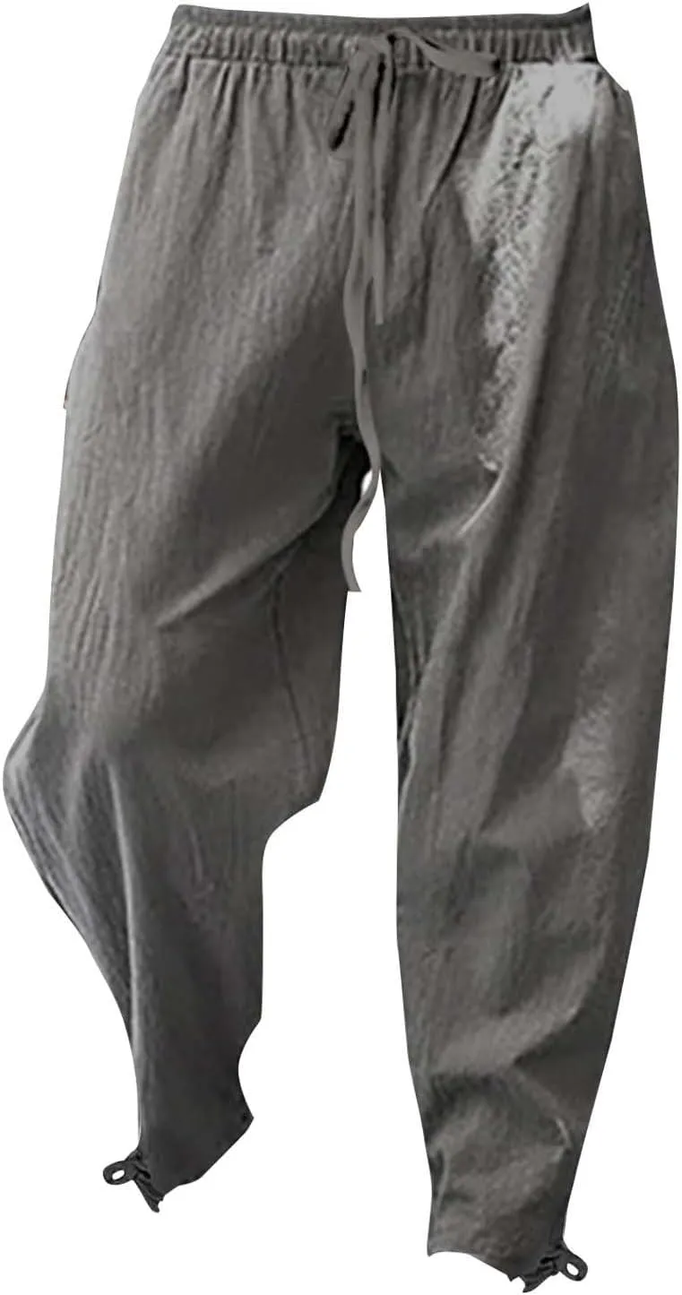 Running Pants for Men Cotton Linen Big and Tall Workout Pleated Relaxed Fit Loose Trousers Outdoor Hiking Gym Pants