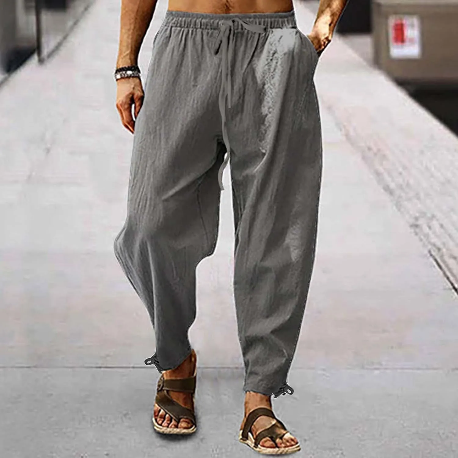 Running Pants for Men Cotton Linen Big and Tall Workout Pleated Relaxed Fit Loose Trousers Outdoor Hiking Gym Pants