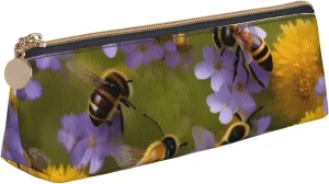 Rural Honey Bees Wildflowers print Triangle leather stationery storage bag, portable makeup bag, daily small item storage