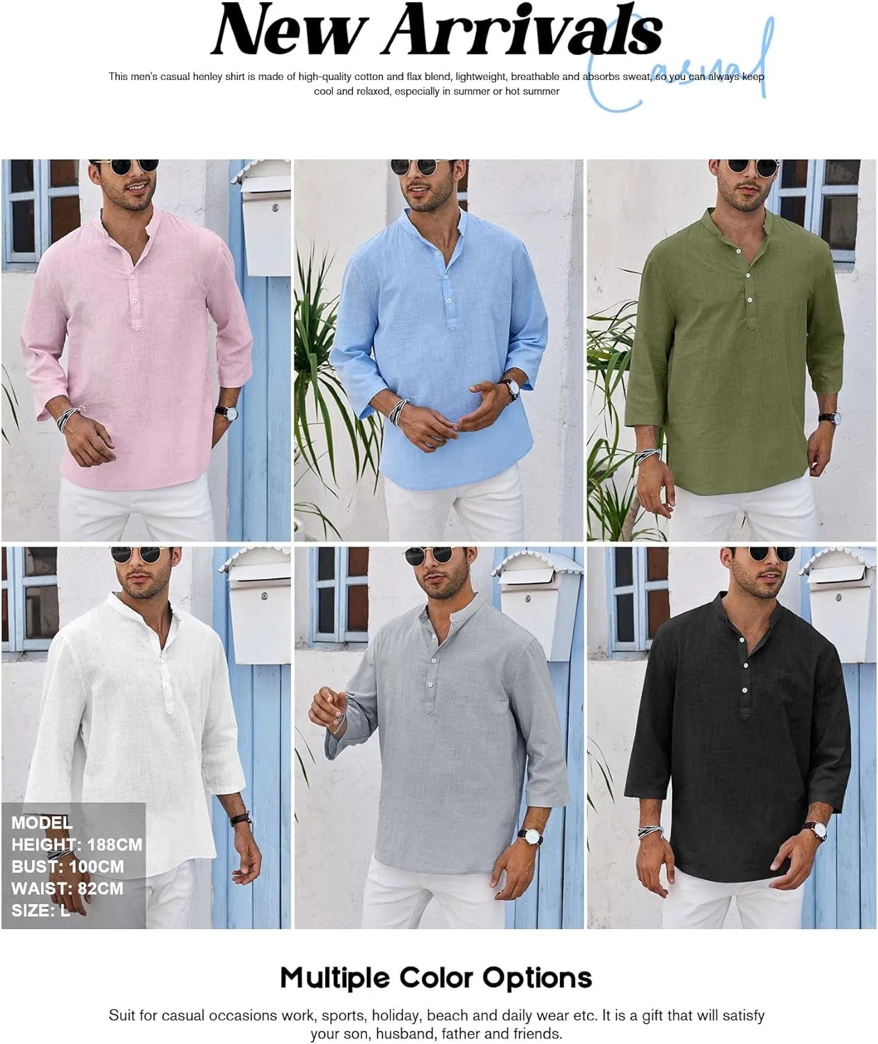 Ryannology Mens Linen Shirts Casual Cotton 3/4 Sleeve Regular-Fit Henley T-Shirt Summer Lightweight Beach Yoga Tops