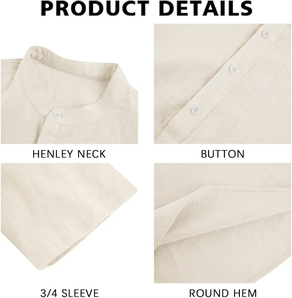Ryannology Mens Linen Shirts Casual Cotton 3/4 Sleeve Regular-Fit Henley T-Shirt Summer Lightweight Beach Yoga Tops