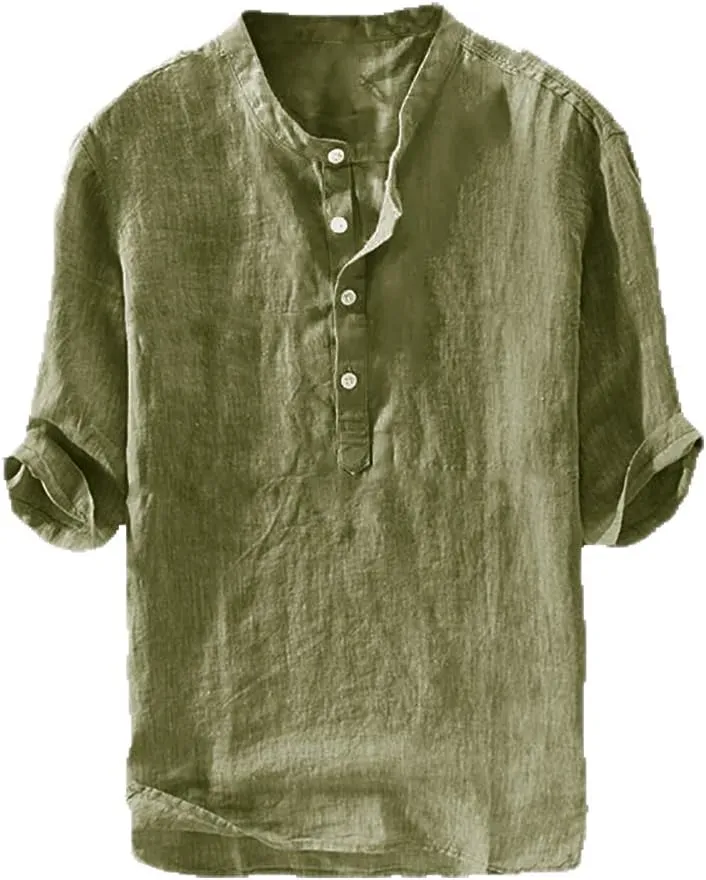 Ryannology Mens Linen Shirts Casual Cotton 3/4 Sleeve Regular-Fit Henley T-Shirt Summer Lightweight Beach Yoga Tops