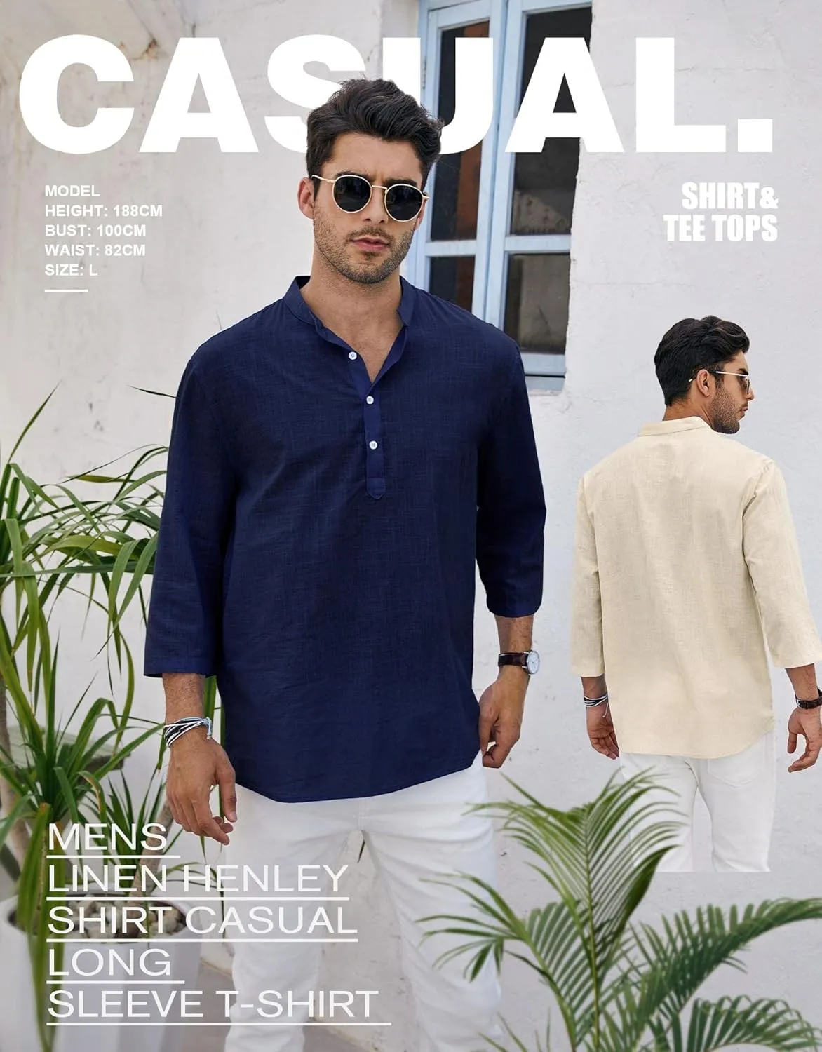 Ryannology Mens Linen Shirts Casual Cotton 3/4 Sleeve Regular-Fit Henley T-Shirt Summer Lightweight Beach Yoga Tops