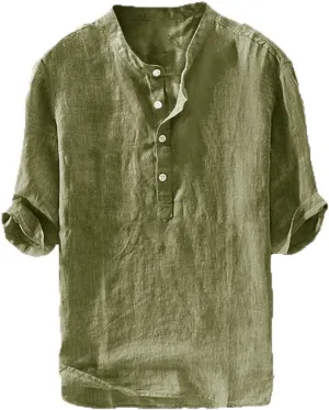 Ryannology Mens Linen Shirts Casual Cotton 3/4 Sleeve Regular-Fit Henley T-Shirt Summer Lightweight Beach Yoga Tops
