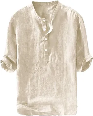 Ryannology Mens Linen Shirts Casual Cotton 3/4 Sleeve Regular-Fit Henley T-Shirt Summer Lightweight Beach Yoga Tops