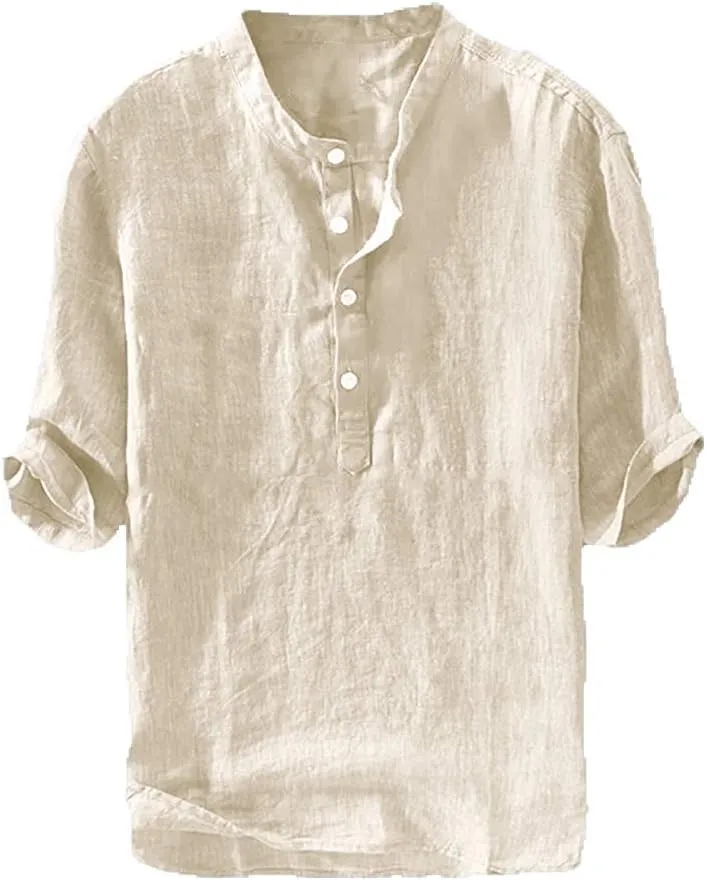 Ryannology Mens Linen Shirts Casual Cotton 3/4 Sleeve Regular-Fit Henley T-Shirt Summer Lightweight Beach Yoga Tops