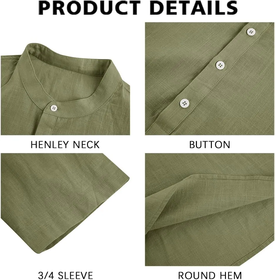 Ryannology Mens Linen Shirts Casual Cotton 3/4 Sleeve Regular-Fit Henley T-Shirt Summer Lightweight Beach Yoga Tops