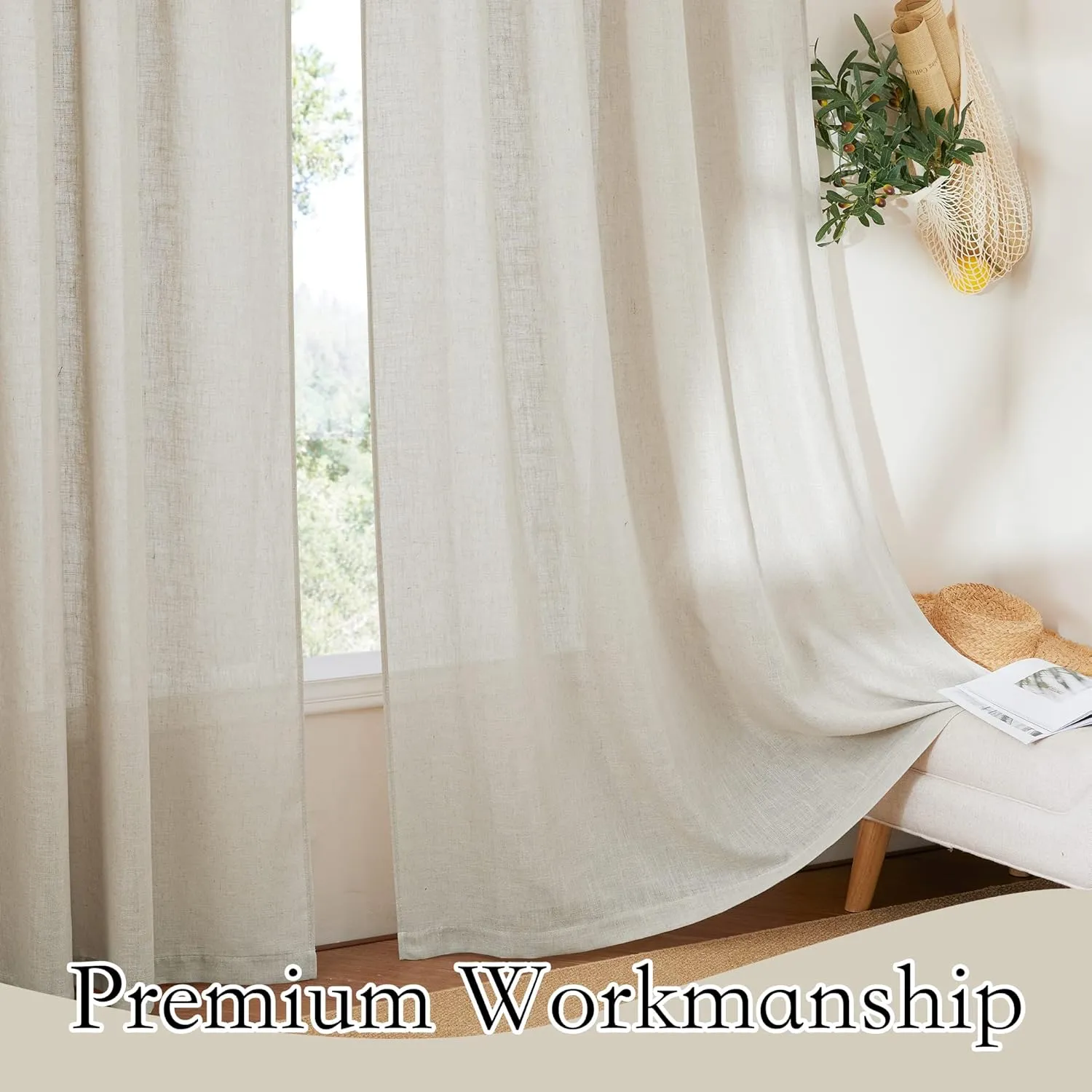RYB HOME Linen Sheer Curtains - Natural Fibers Linen Blended Semitransparent Curtains & Drapes UV Protection Thermal Insualted for Classroom Camper Bunk Bed, W 52" x L 63", Angora, Set of 2