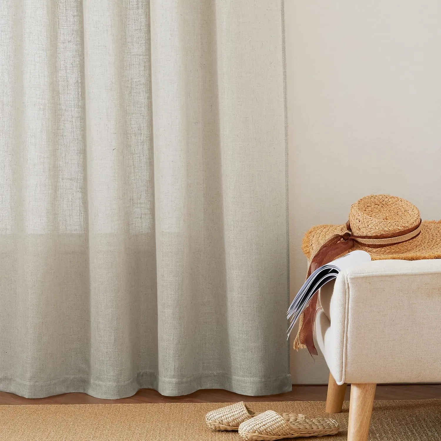 RYB HOME Linen Sheer Curtains - Natural Fibers Linen Blended Semitransparent Curtains & Drapes UV Protection Thermal Insualted for Classroom Camper Bunk Bed, W 52" x L 63", Angora, Set of 2