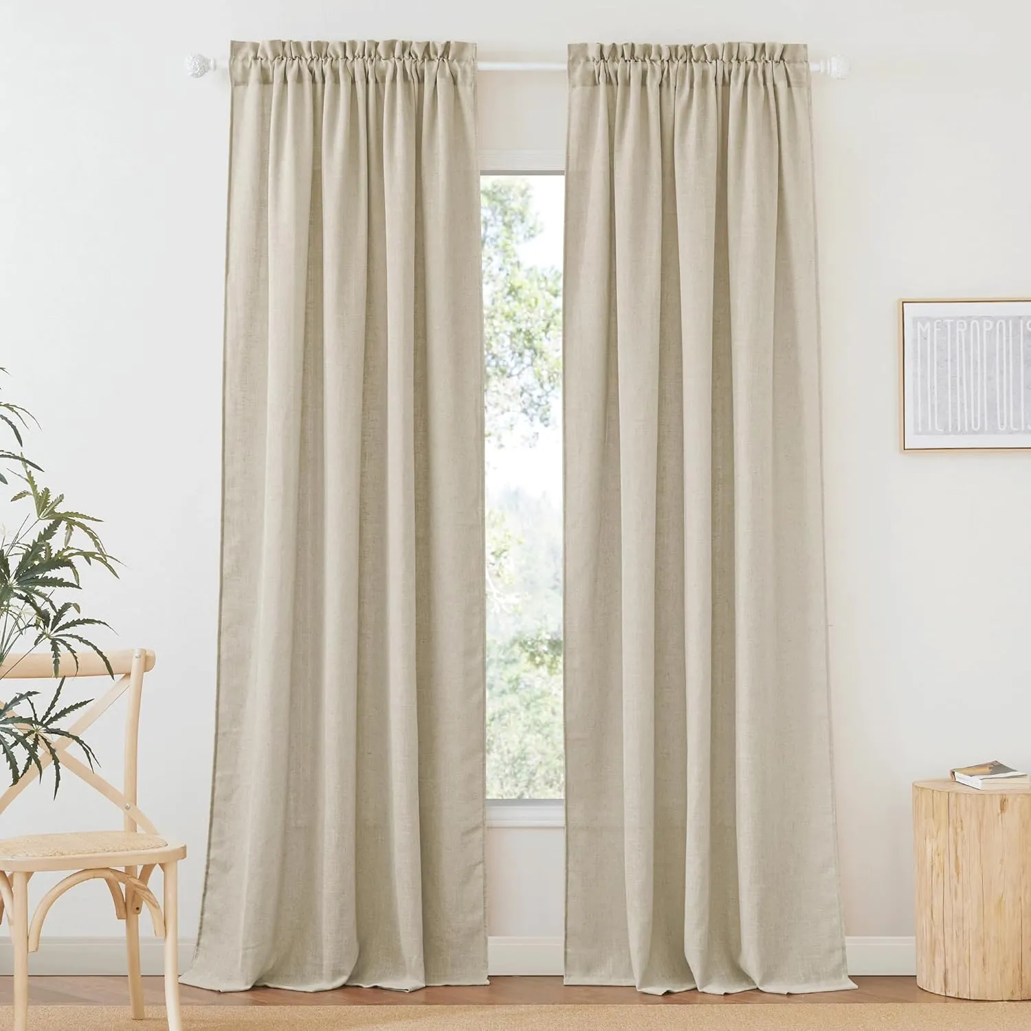 RYB HOME Semi Sheer Curtains 84 incehs, Rod Pocket for Living Room Bedroom Office Dining, Beige, W 52 x L 84, 2 Panels