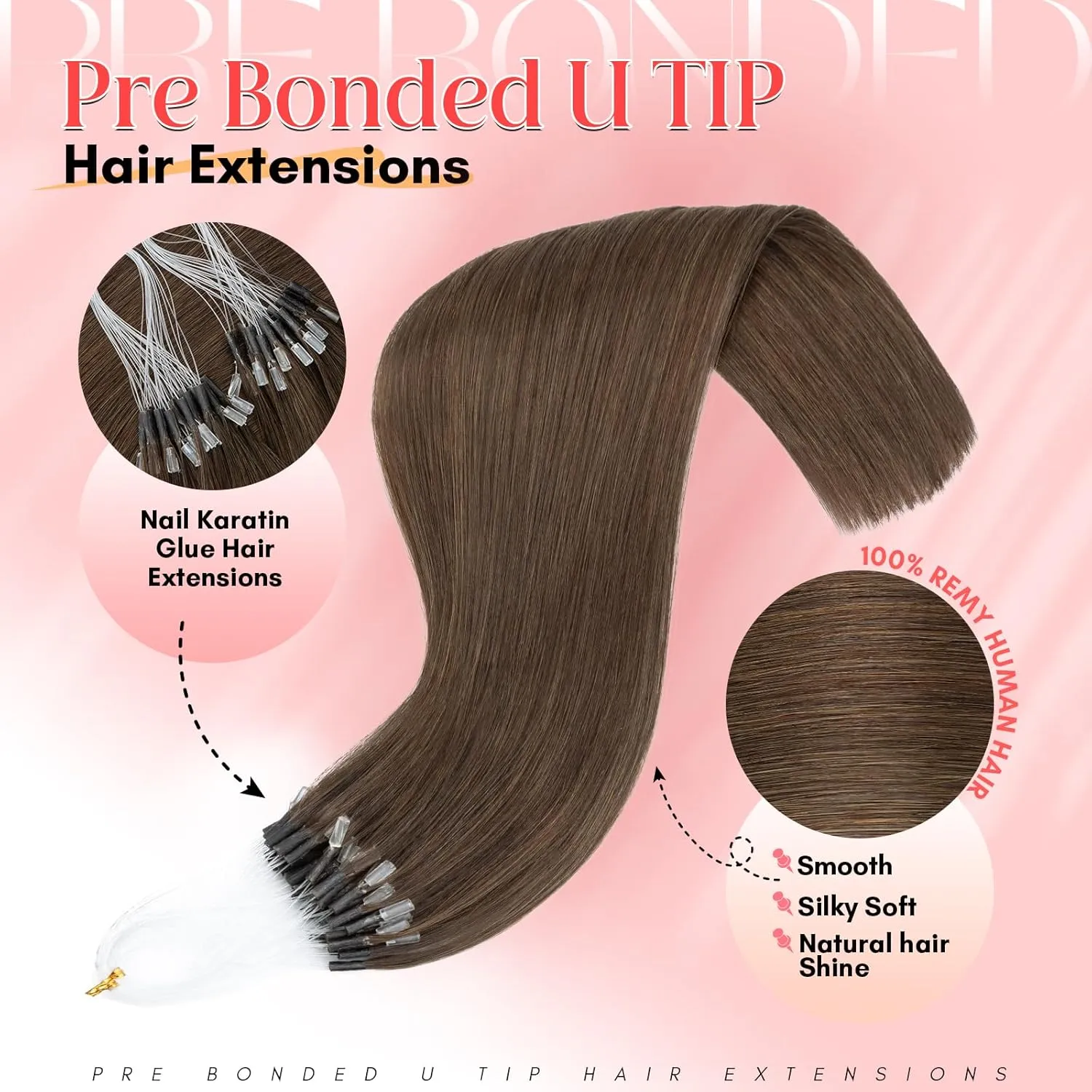 S-noilite U Tip Hair Extensions 100% Real Remy Human Hair Upgraded Micro Ring K Tip Extensions Pre Bonded Keratin Hair Extensions 50g/50 Stands 16 Inch Dark Brown