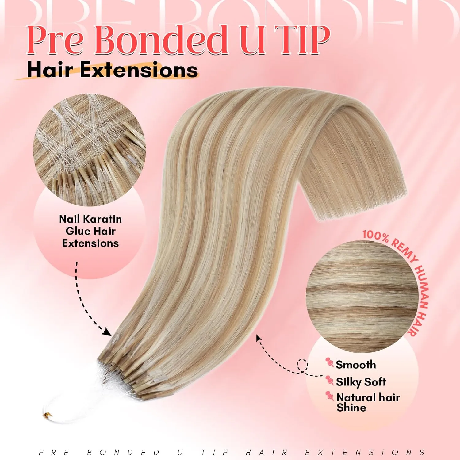 S-noilite U Tip Hair Extensions 100% Real Remy Human Hair Upgraded Micro Ring K Tip Extensions Pre Bonded Keratin Hair Extensions 50g/50 Stands 16 Inch Golden Brown Highlighted Bleach Blonde