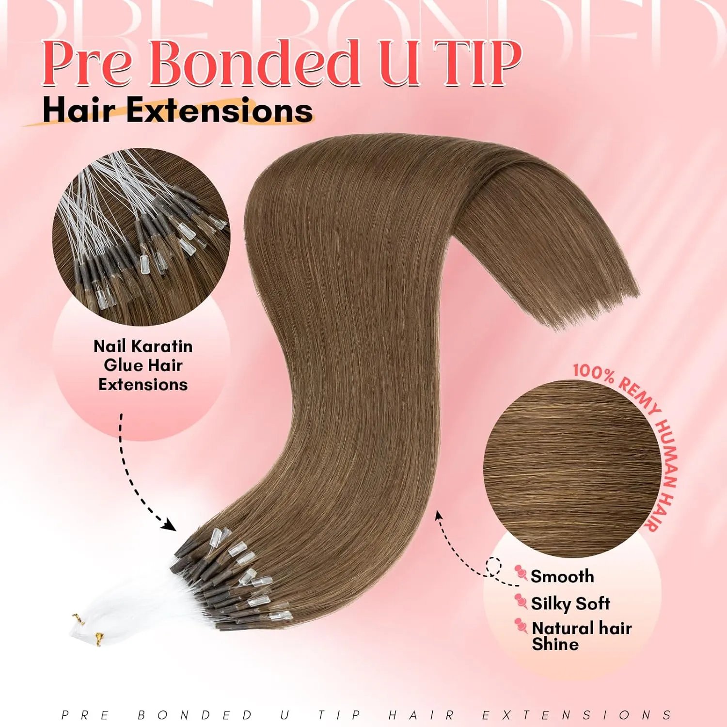 S-noilite U Tip Hair Extensions 100% Real Remy Human Hair Upgraded Micro Ring K Tip Extensions Pre Bonded Keratin Hair Extensions 50g/50 Stands 16 Inch Medium Brown