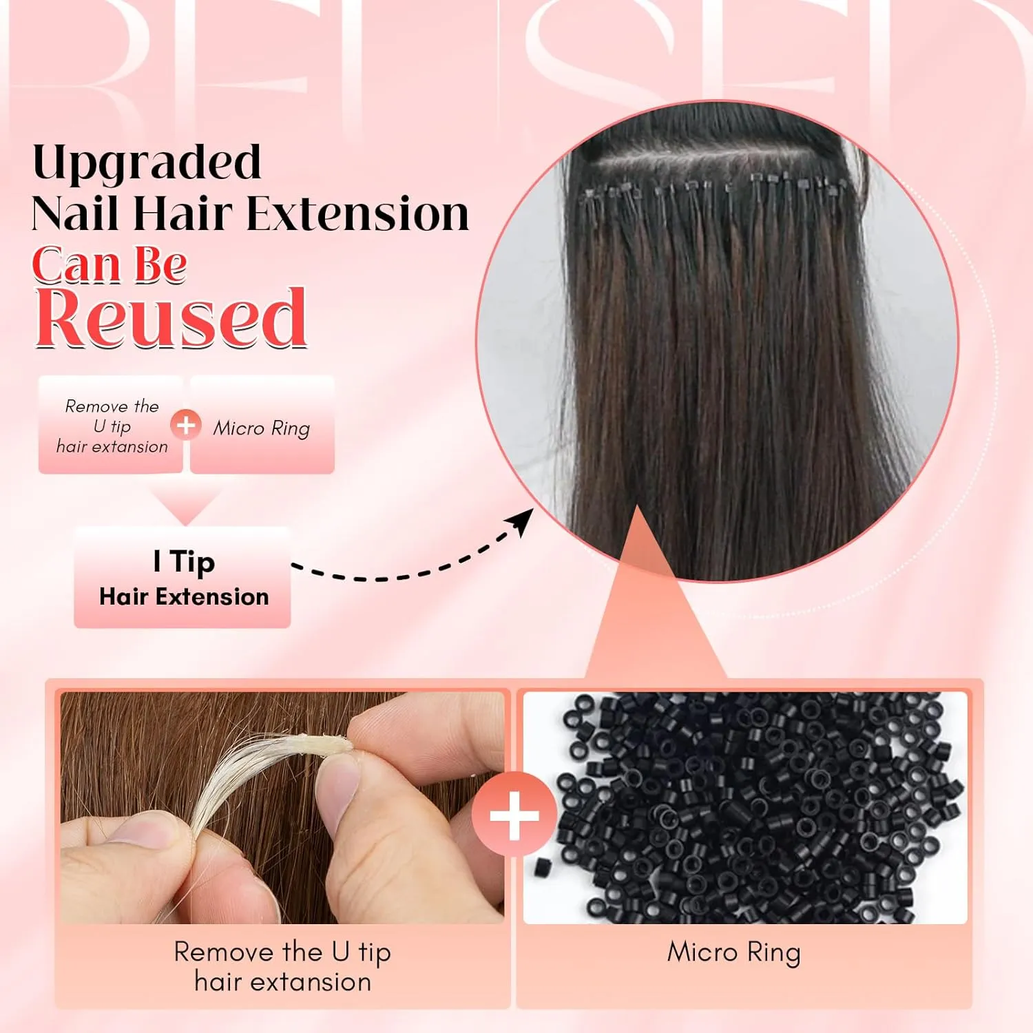 S-noilite U Tip Hair Extensions 100% Real Remy Human Hair Upgraded Micro Ring K Tip Extensions Pre Bonded Nail Tip Keratin Hair Extensions 50g/50 Stands 16 Inch Jet Black